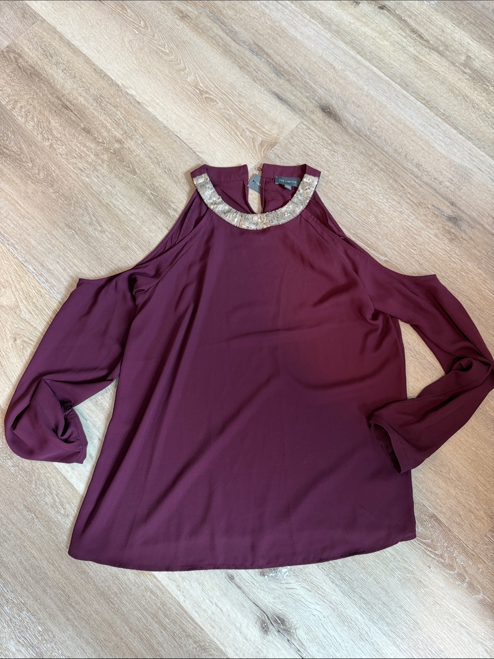 The Limited Maroon Cold-Shoulder Blouse with Gold Embellished Collar